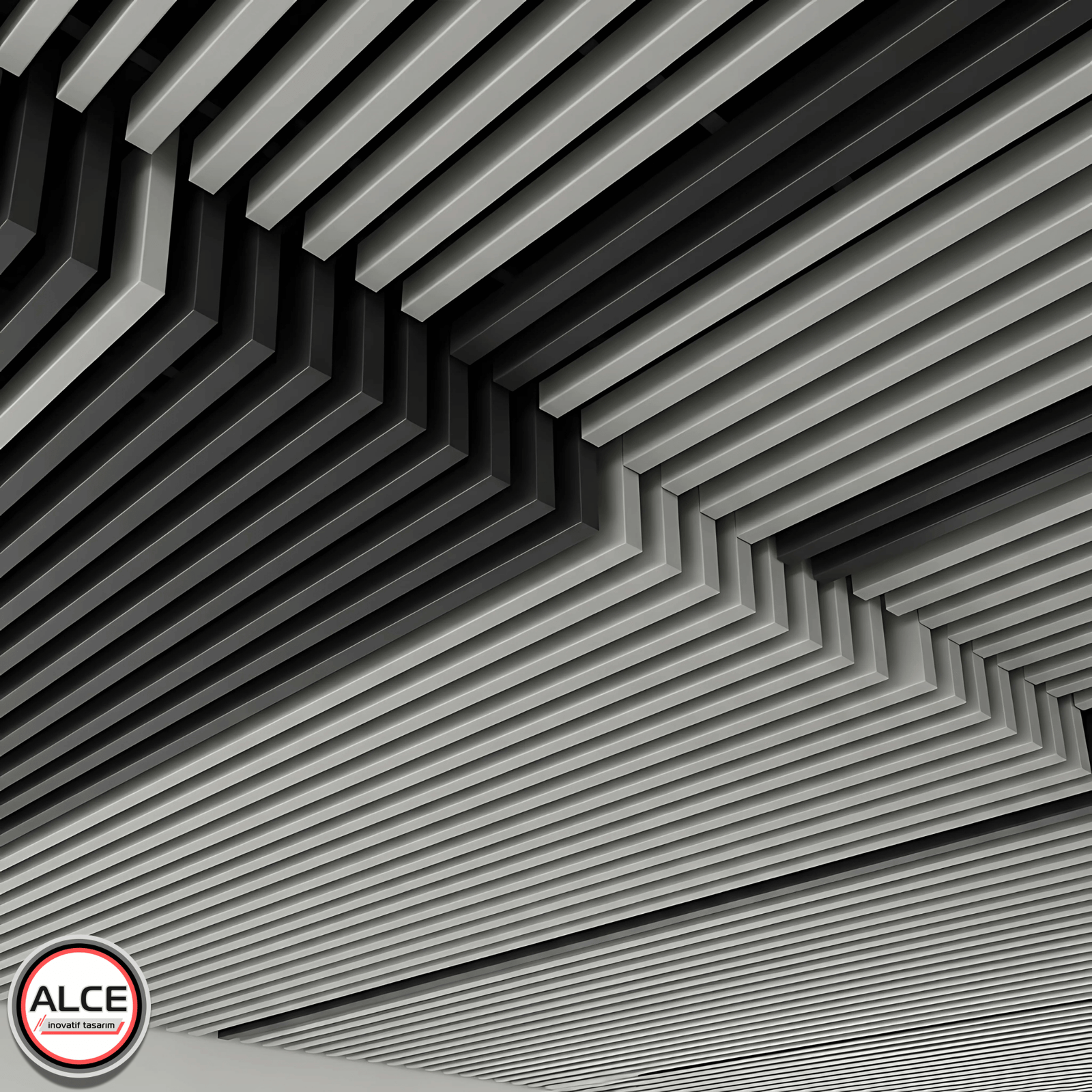 İnovatif tasarım seçeneklerini yansıtan bu açık gri ve antrasit renkli metal baffle asma tavan uygulaması, farklı panel yükseklikleri ve renk kombinasyonlarıyla modern ofis ve ticari alanlara özgün bir karakter kazandırır – Alce İnovatif Tasarım